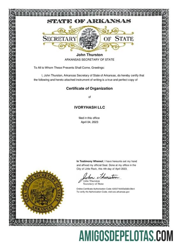 USA Arkanas Company Certificate Of Organization modelo